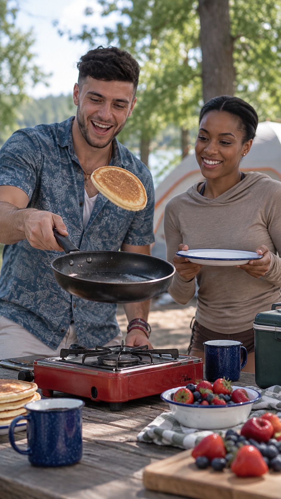 Friends making pancakes at the campsite
