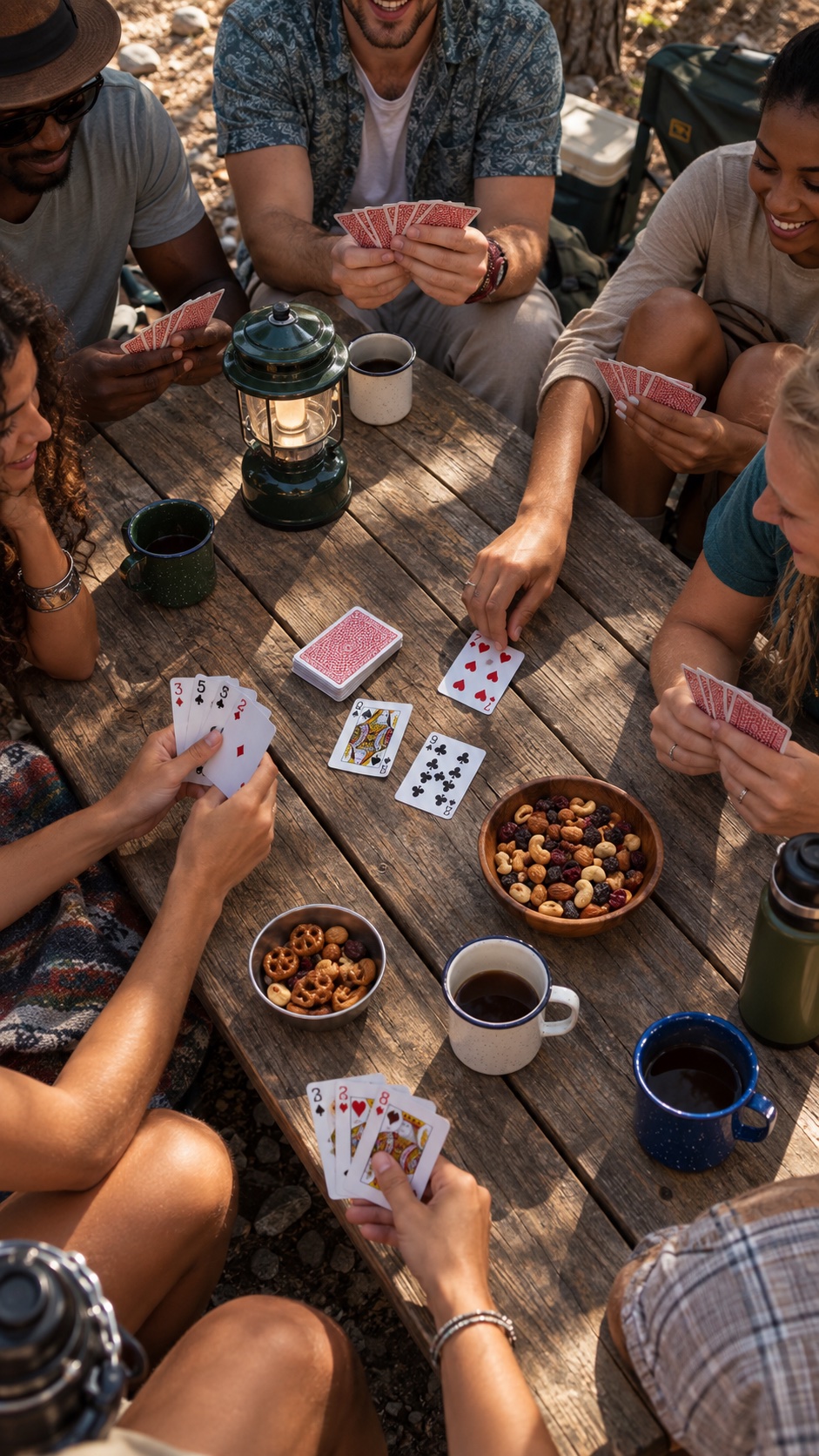 Friends playing cards around a camping table