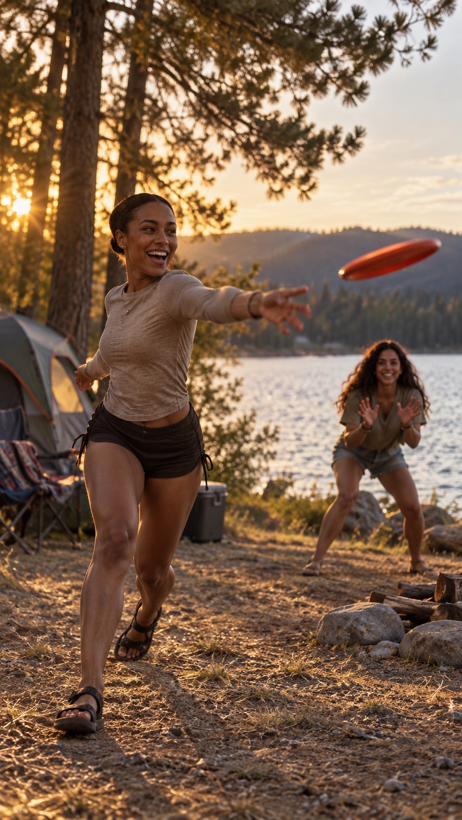 Friends throwing a frisbee beside the lake